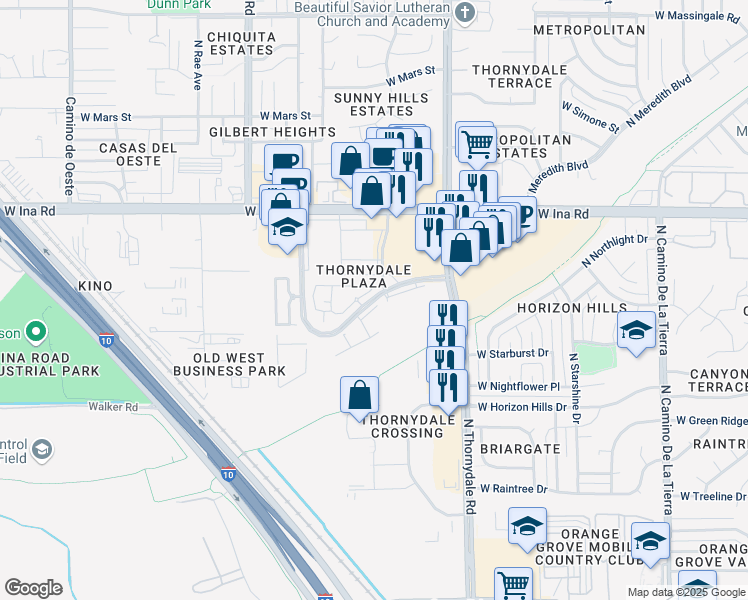 map of restaurants, bars, coffee shops, grocery stores, and more near West Aerie Drive in Marana