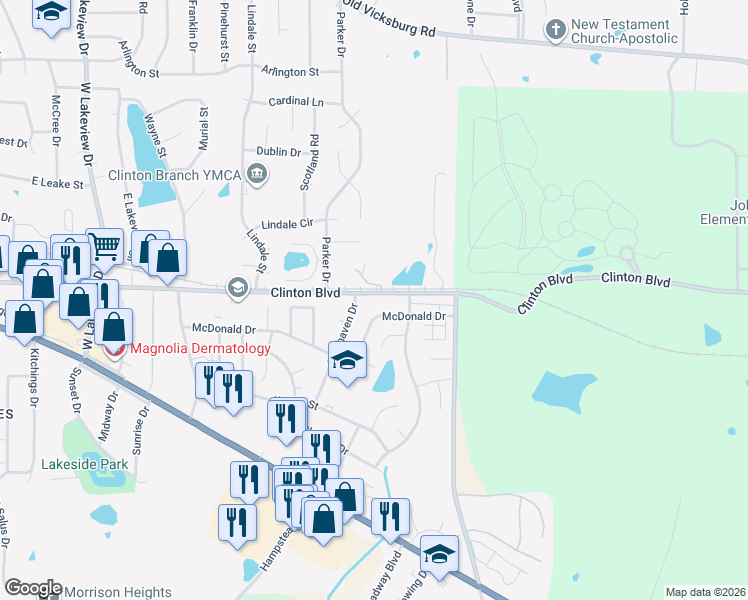 map of restaurants, bars, coffee shops, grocery stores, and more near 531 McDonald Drive in Clinton