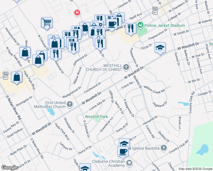 map of restaurants, bars, coffee shops, grocery stores, and more near 1206 West Westhill Drive in Cleburne