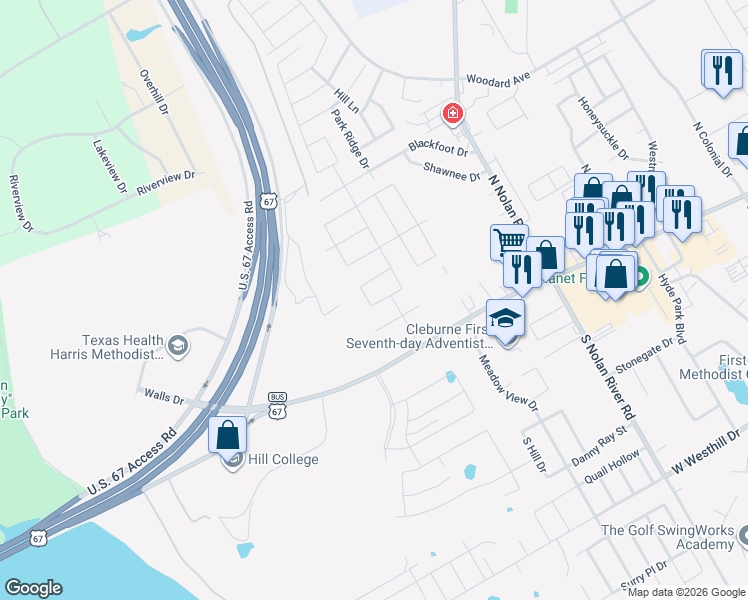 map of restaurants, bars, coffee shops, grocery stores, and more near 1912 West Henderson Street in Cleburne