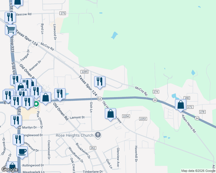 map of restaurants, bars, coffee shops, grocery stores, and more near 8710 Mansion Creek Circle in Tyler