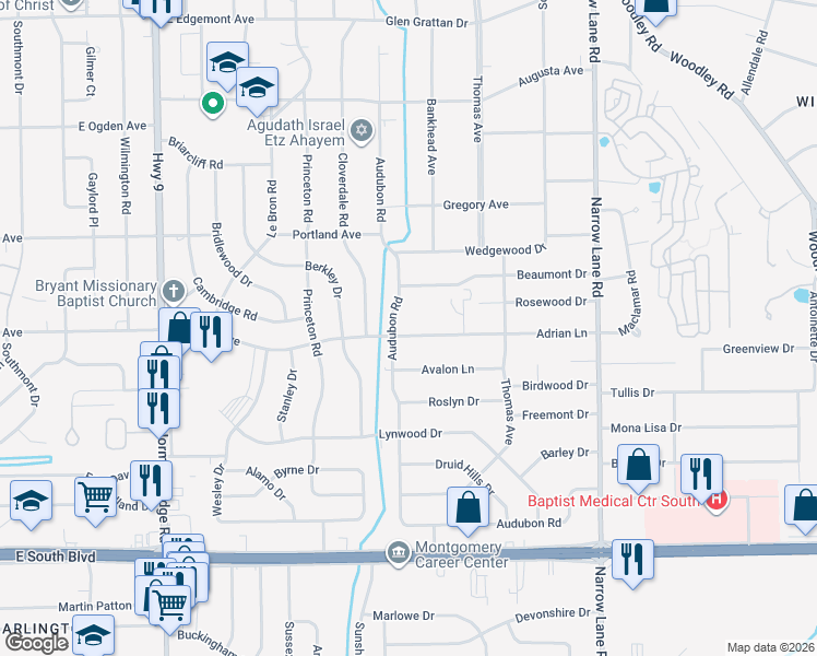 map of restaurants, bars, coffee shops, grocery stores, and more near 1313 Adrian Lane in Montgomery