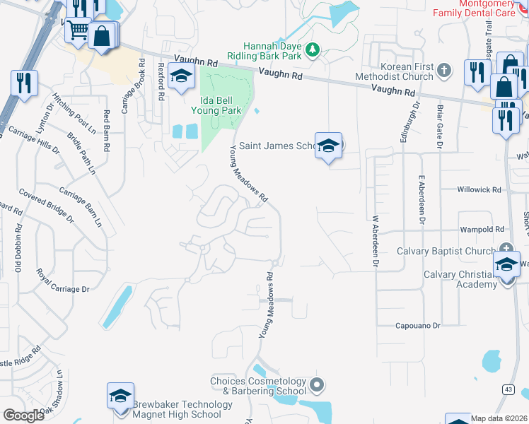 map of restaurants, bars, coffee shops, grocery stores, and more near 5643 Ash Grove Court in Montgomery