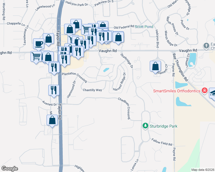 map of restaurants, bars, coffee shops, grocery stores, and more near 8932 Chantilly Way in Montgomery
