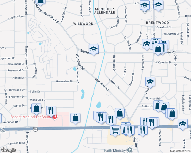 map of restaurants, bars, coffee shops, grocery stores, and more near 2662-2698 Woodley Rd in Montgomery
