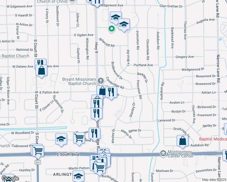 map of restaurants, bars, coffee shops, grocery stores, and more near 613 East Patton Avenue in Montgomery