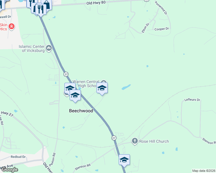 map of restaurants, bars, coffee shops, grocery stores, and more near 999 Mississippi 27 in Vicksburg