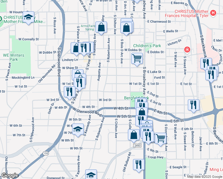 map of restaurants, bars, coffee shops, grocery stores, and more near 517 West 2nd Street in Tyler