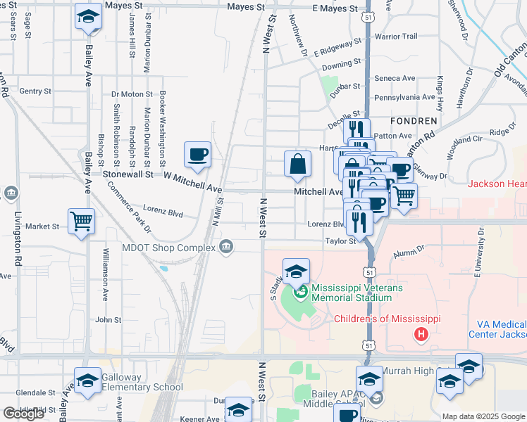map of restaurants, bars, coffee shops, grocery stores, and more near 2806 North West Street in Jackson