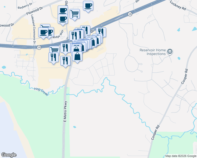 map of restaurants, bars, coffee shops, grocery stores, and more near 151 East Metro Parkway in Flowood