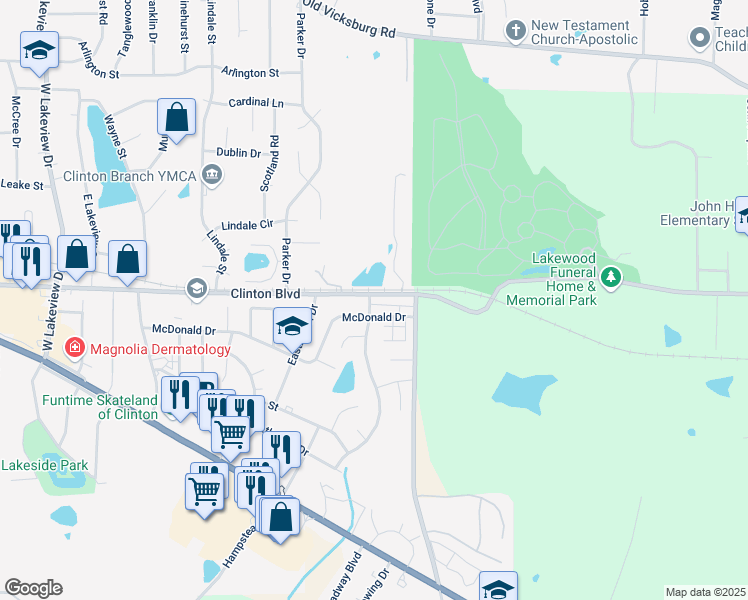 map of restaurants, bars, coffee shops, grocery stores, and more near 603D McDonald Drive in Clinton