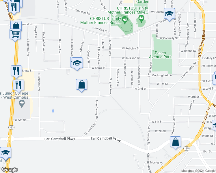 map of restaurants, bars, coffee shops, grocery stores, and more near 1401 South Lyons Avenue in Tyler