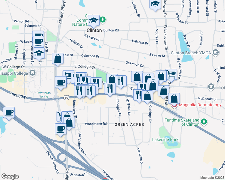 map of restaurants, bars, coffee shops, grocery stores, and more near 459 U.S. 80 in Clinton
