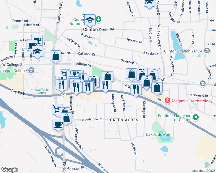 map of restaurants, bars, coffee shops, grocery stores, and more near 459 West Highway 80 in Clinton