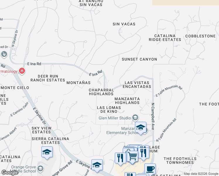 map of restaurants, bars, coffee shops, grocery stores, and more near 7020 North Chaparral Avenue in Tucson