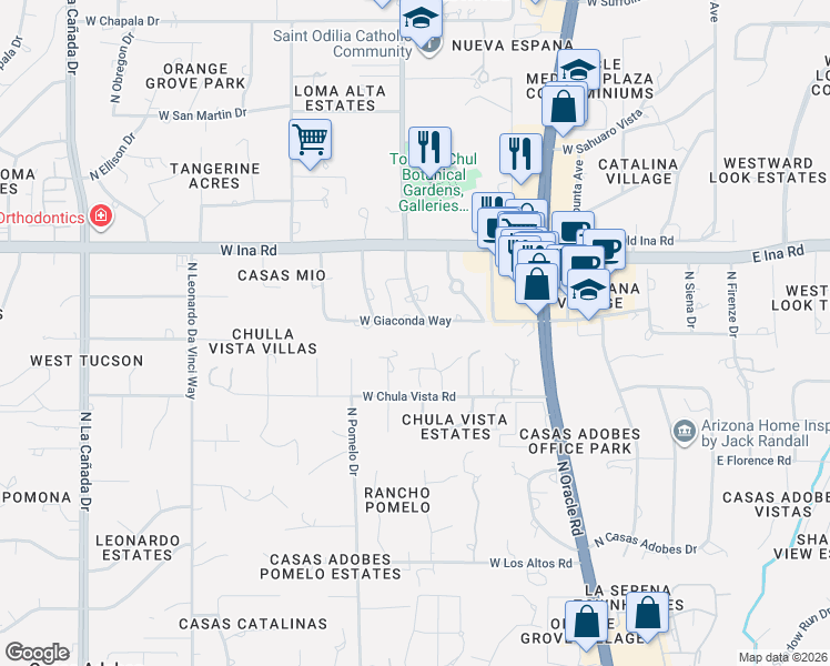 map of restaurants, bars, coffee shops, grocery stores, and more near 6988 North Chula Vista Reserve Place in Tucson
