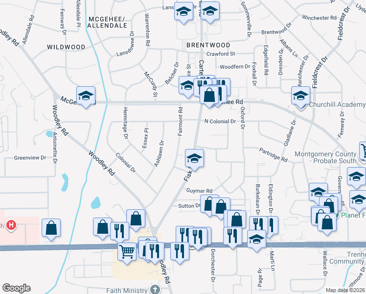 map of restaurants, bars, coffee shops, grocery stores, and more near 2650 Fisk Road in Montgomery