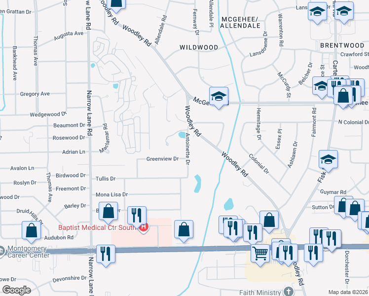 map of restaurants, bars, coffee shops, grocery stores, and more near 3801 Antoinette Drive in Montgomery