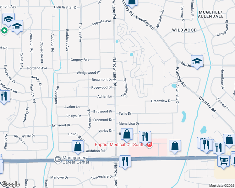 map of restaurants, bars, coffee shops, grocery stores, and more near 3865 Narrow Lane Road in Montgomery
