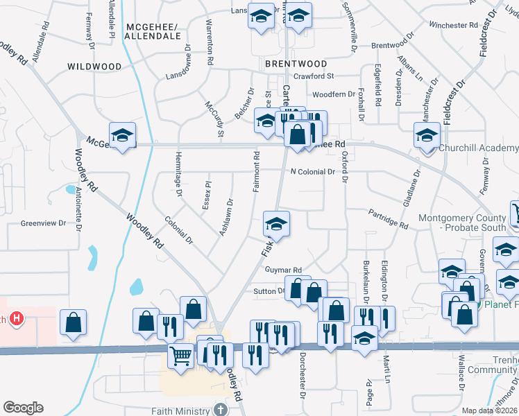 map of restaurants, bars, coffee shops, grocery stores, and more near 2650 Fisk Road in Montgomery