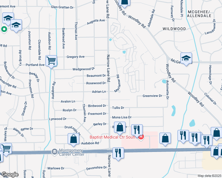 map of restaurants, bars, coffee shops, grocery stores, and more near 3865 Narrow Lane Road in Montgomery