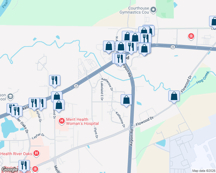 map of restaurants, bars, coffee shops, grocery stores, and more near 217 Katherine Drive in Flowood