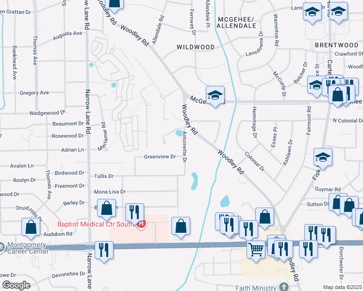 map of restaurants, bars, coffee shops, grocery stores, and more near 3801 Antoinette Drive in Montgomery