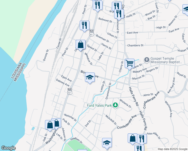 map of restaurants, bars, coffee shops, grocery stores, and more near 912 Bowmar Avenue in Vicksburg