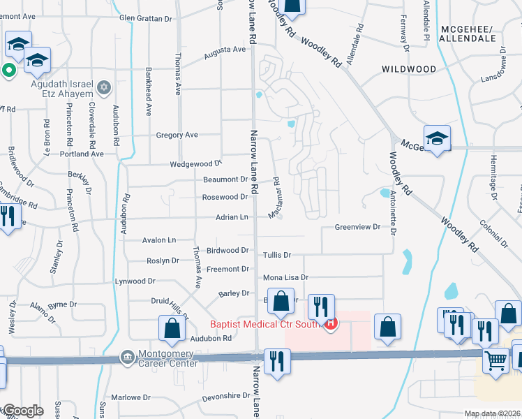 map of restaurants, bars, coffee shops, grocery stores, and more near 3887 Maclamar Road in Montgomery