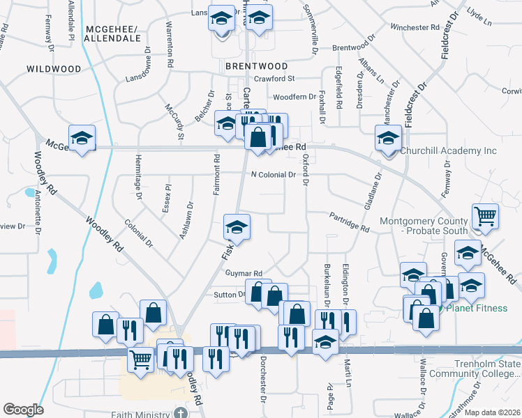 map of restaurants, bars, coffee shops, grocery stores, and more near 3027 Merrimac Drive in Montgomery