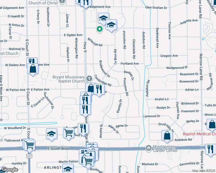 map of restaurants, bars, coffee shops, grocery stores, and more near 3720 Cambridge Road in Montgomery