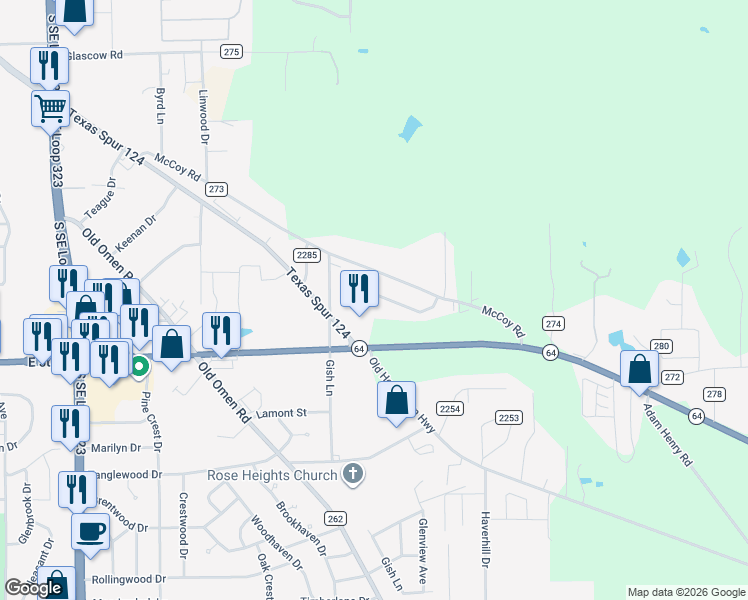 map of restaurants, bars, coffee shops, grocery stores, and more near 8710 Mansion Creek Circle in Tyler