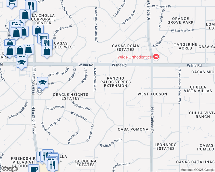 map of restaurants, bars, coffee shops, grocery stores, and more near 7000 North Penny Place in Tucson