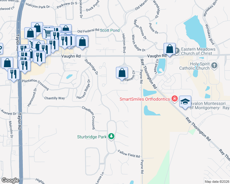 map of restaurants, bars, coffee shops, grocery stores, and more near 8806 Old Magnolia Way in Montgomery