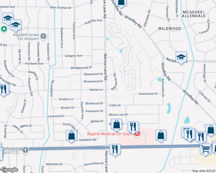 map of restaurants, bars, coffee shops, grocery stores, and more near 3887 Maclamar Road in Montgomery