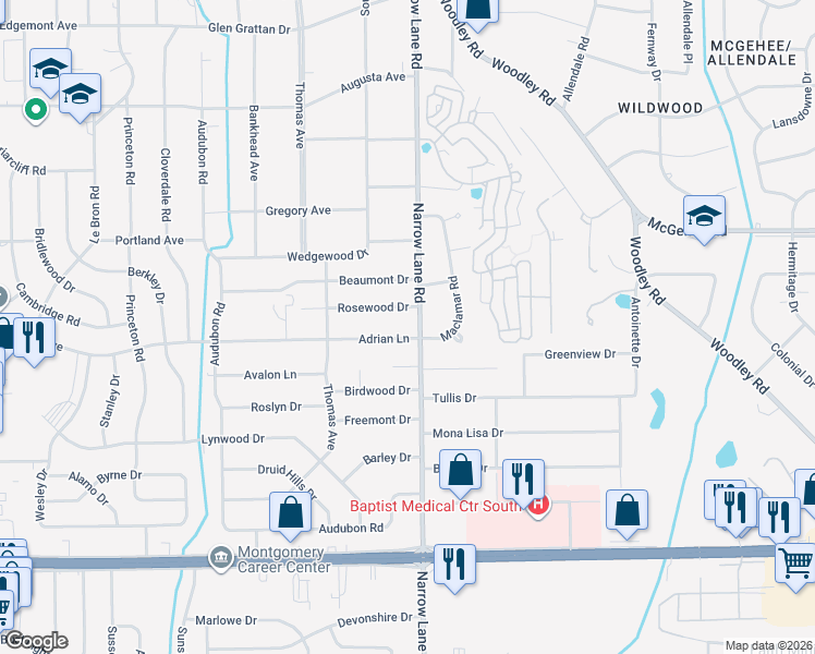 map of restaurants, bars, coffee shops, grocery stores, and more near 1450 Adrian Lane in Montgomery