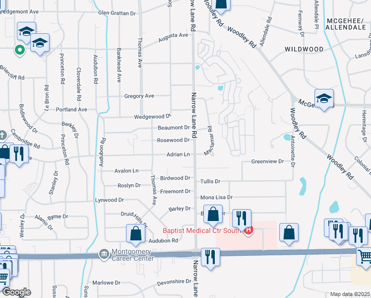 map of restaurants, bars, coffee shops, grocery stores, and more near 1450 Adrian Lane in Montgomery