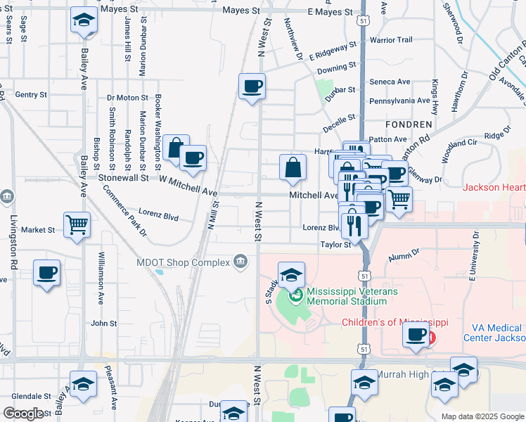 map of restaurants, bars, coffee shops, grocery stores, and more near 226 Lorenz Boulevard in Jackson
