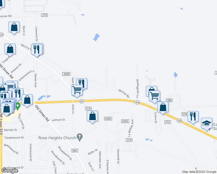 map of restaurants, bars, coffee shops, grocery stores, and more near 9074 County Road 273 in Tyler