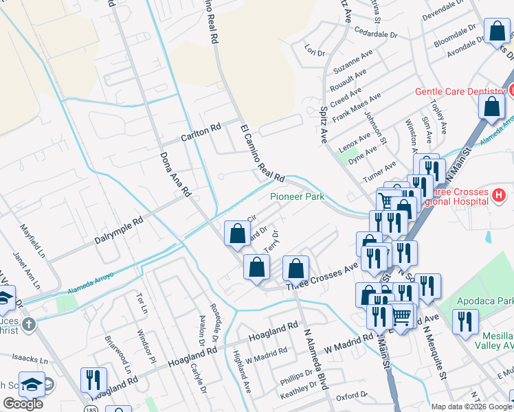 map of restaurants, bars, coffee shops, grocery stores, and more near 312 Richard Drive in Las Cruces