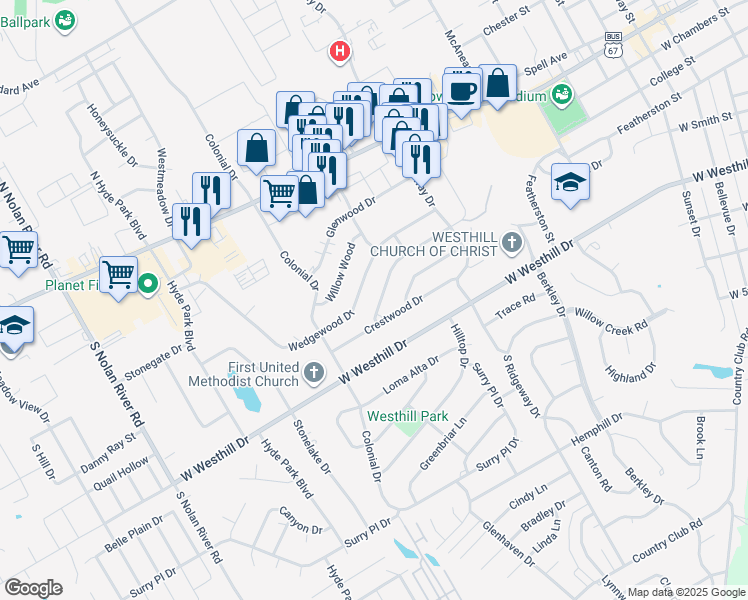 map of restaurants, bars, coffee shops, grocery stores, and more near 1234 Tanglewood Drive in Cleburne