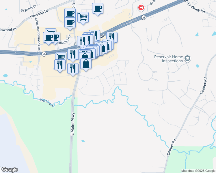 map of restaurants, bars, coffee shops, grocery stores, and more near 151 East Metro Parkway in Flowood