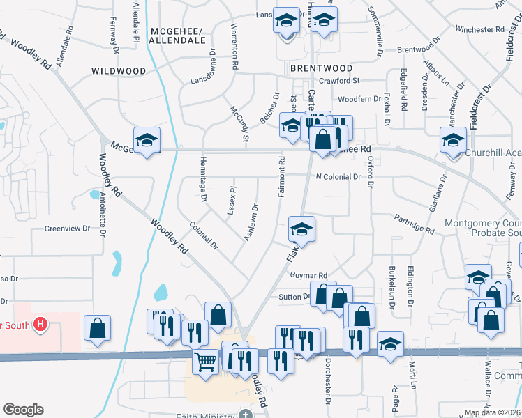 map of restaurants, bars, coffee shops, grocery stores, and more near 2652 Fairmont Road in Montgomery