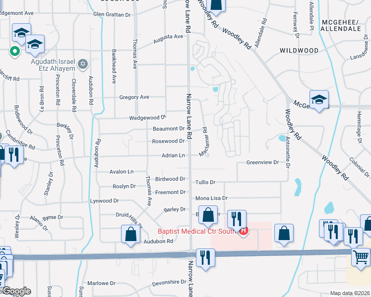 map of restaurants, bars, coffee shops, grocery stores, and more near 1450 Adrian Lane in Montgomery