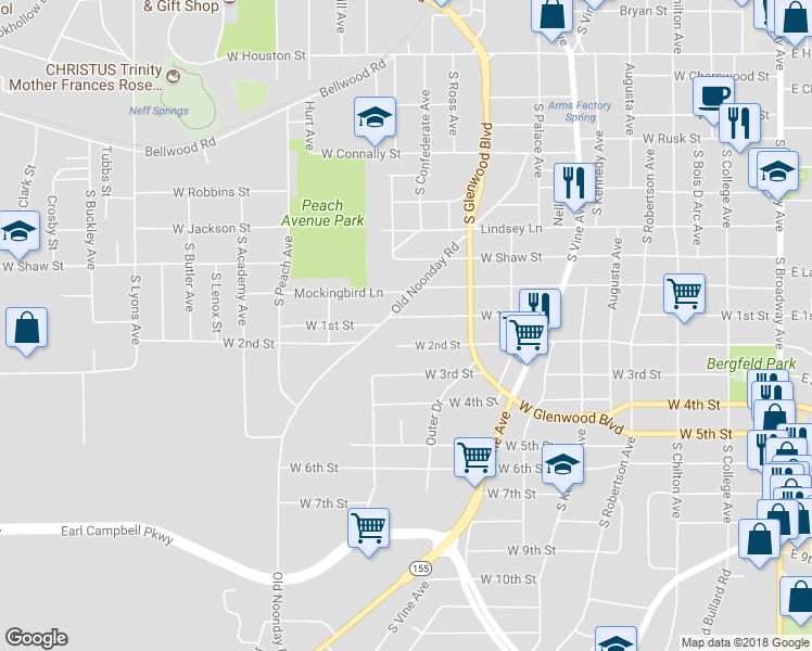 map of restaurants, bars, coffee shops, grocery stores, and more near 1312 West 1st Street in Tyler
