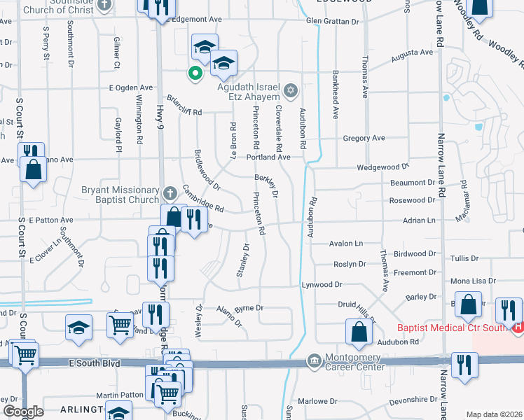 map of restaurants, bars, coffee shops, grocery stores, and more near 3637 Princeton Road in Montgomery