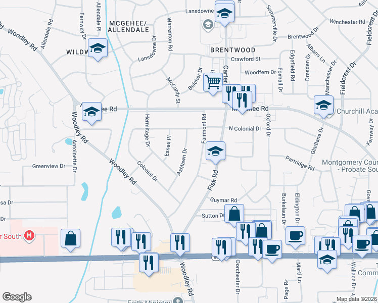 map of restaurants, bars, coffee shops, grocery stores, and more near 2652 Fairmont Road in Montgomery