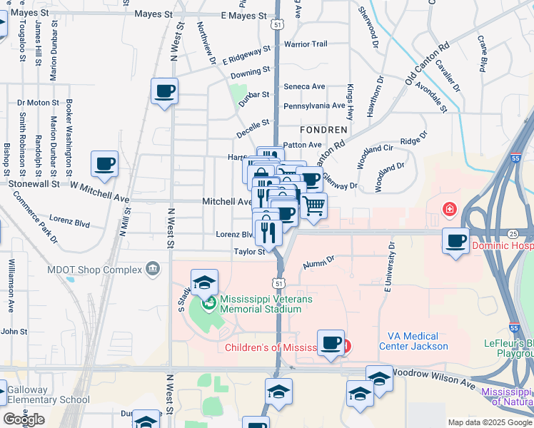 map of restaurants, bars, coffee shops, grocery stores, and more near 2906 North State Street in Jackson