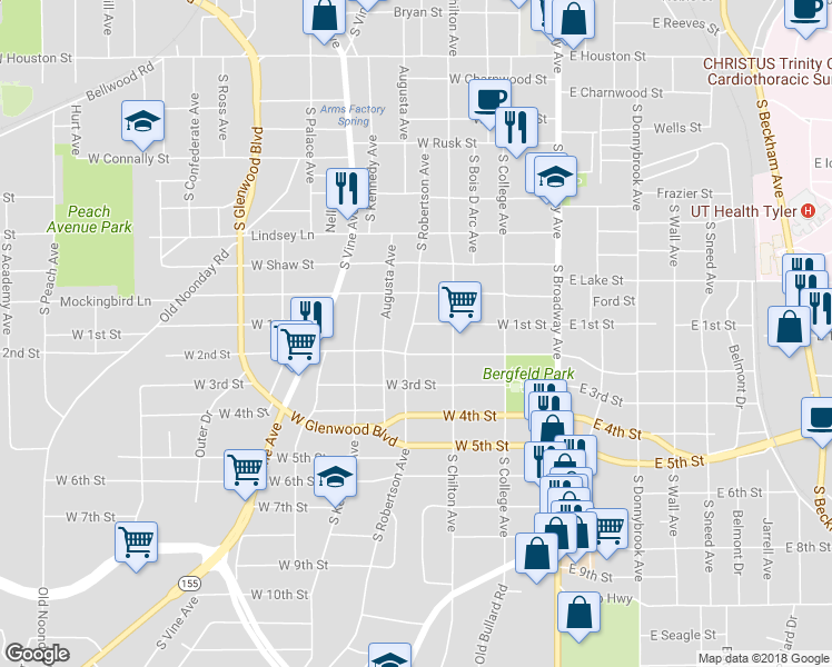map of restaurants, bars, coffee shops, grocery stores, and more near 522 West 1st Street in Tyler