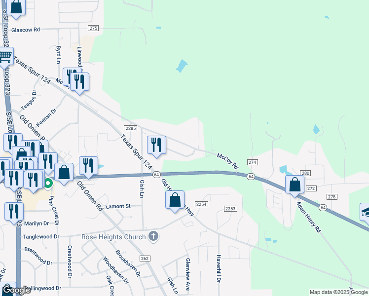 map of restaurants, bars, coffee shops, grocery stores, and more near 8920 Mansion Creek Circle in Tyler